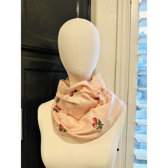 NWT Coach Women Signature Cherries Print Wrap Scarf Wool & Silk Blush Pink $175 - Picture 6 of 8